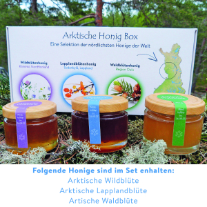 Arktische Honig-Box mit 3 Sorten + Honiglöffel in Geschenkpackung